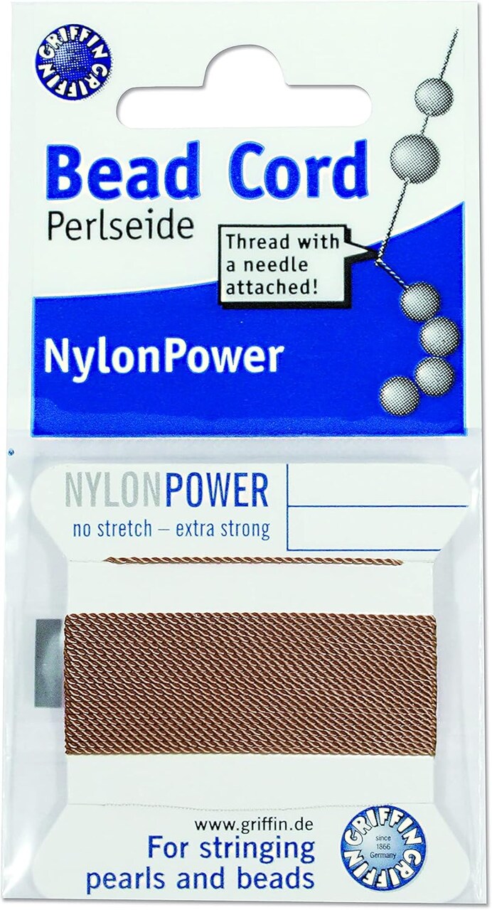 Griffin Nylon Bead Cord Perlseide – Size 2 (0.45mm) – 2 Meters per Card – Stainless Steel Needle Attached – for Knotting Pearls, Gemstones, Crystals and Beads